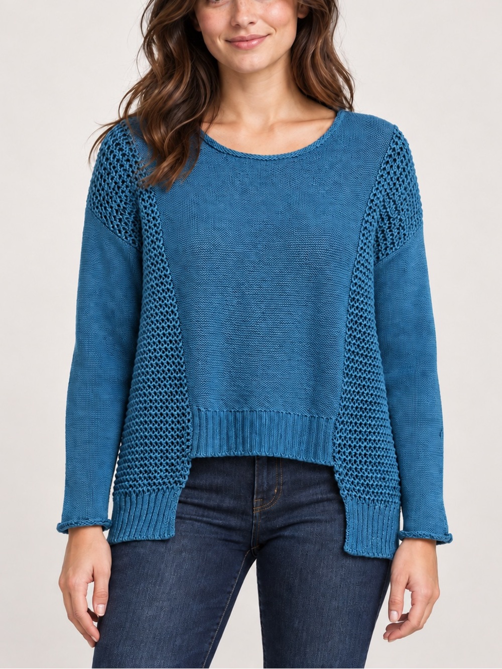 Monoreno Blue Linen Cotton Open Knit Asymmetrical Hem Sweater Size M